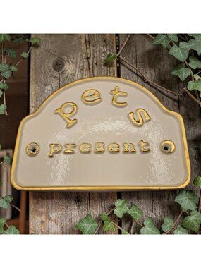 Pets Present Cream Gold Ceramic Wall Plaque 7.75"x5.75" Vintage Style